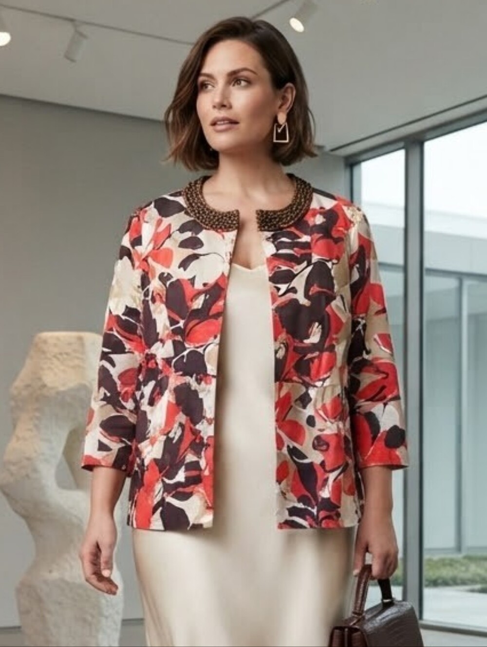 Lane Bryant 16 Abstract Tropical Floral Beaded Collar Peplum Blazer Contemporary